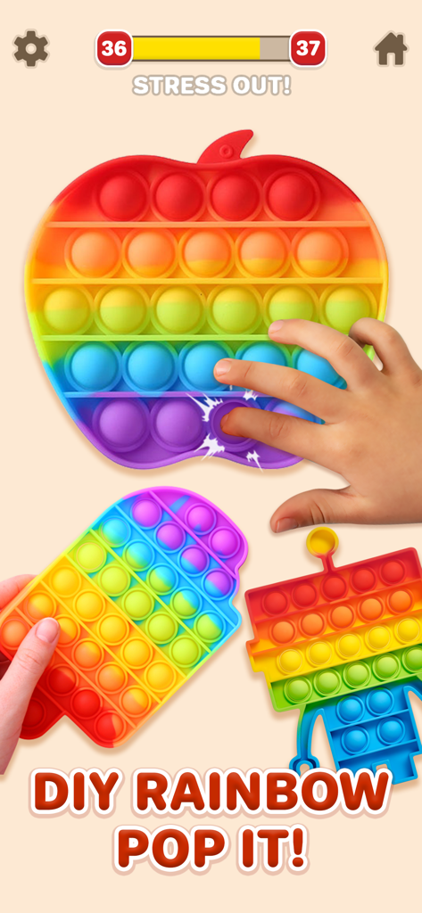 A hand popping a bubble on a rainbow apple-shaped fidget toy within the mobile game interface