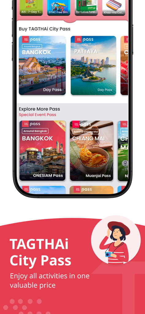 TAGTHAi app interface showing various city pass options for travel in Thailand