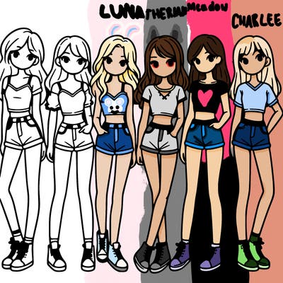 a group of girls wearing crop tops and shorts