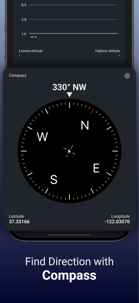 Altitude Finder: GPS Altimeter - Altitude Finder app interface showing a digital compass with heading and GPS coordinates