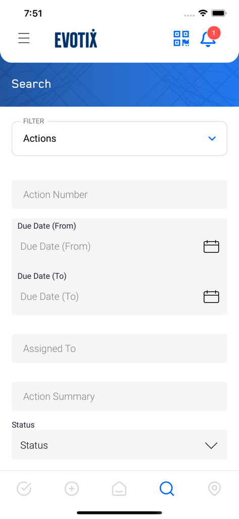 Écran de recherche de l'application mobile Evotix Roam avec des filtres pour les actions de sécurité et les dates d'échéance.