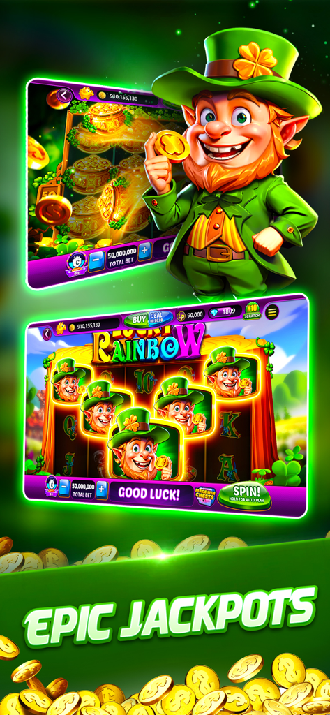 Leprechaun themed slot machine game interface showing a lucky rainbow jackpot and gold coins