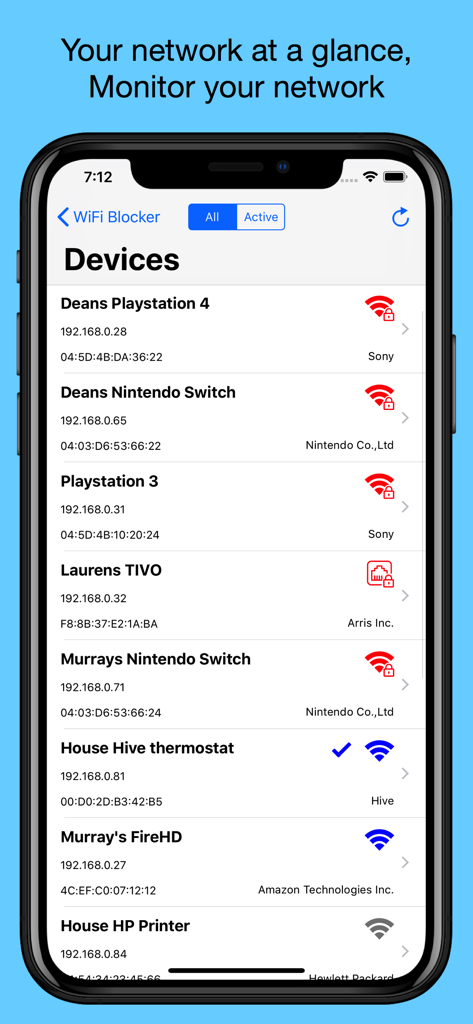 WiFi Blocker - WiFi Blocker app interface showing a list of connected home devices including gaming consoles and smart thermostats with their connection status
