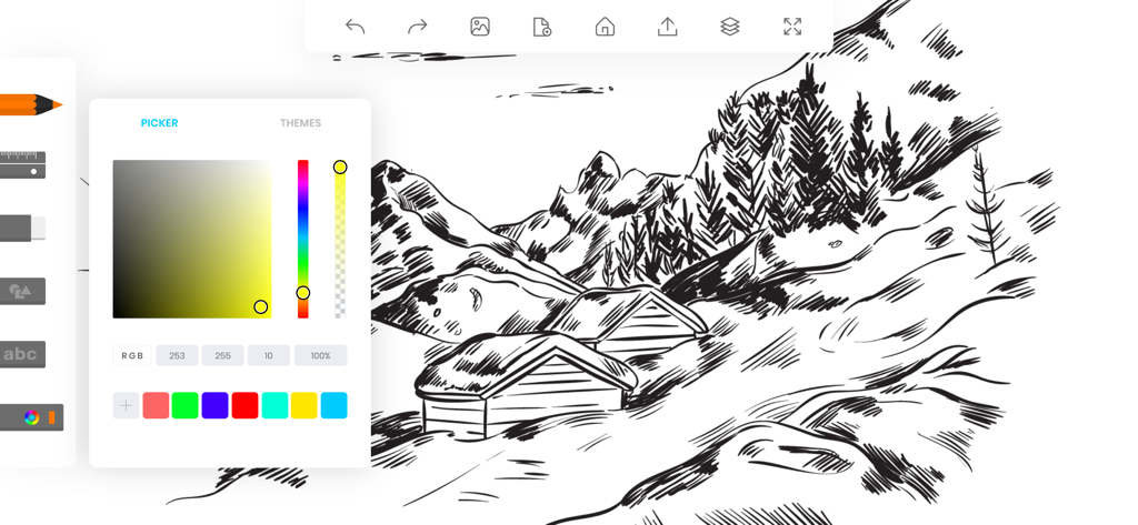 ArtDraw: Sketch & Paint Studio - A mountain landscape sketch being colored using the ArtDraw color picker tool