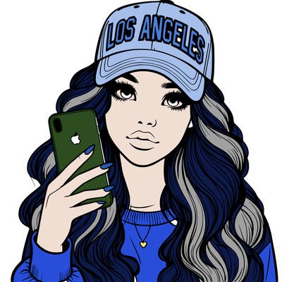 realistic beautiful girl wearing los ángeles cap holding an iphone