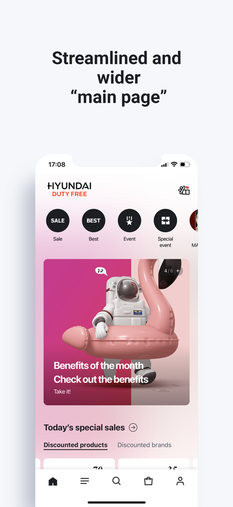 Main page of the Hyundai Duty Free app featuring monthly benefits and shopping categories like sale and best items