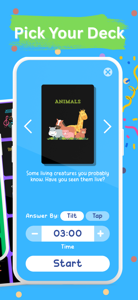 Charades: Guess the Word Game - Charades game screen showing animal category deck selection and game settings