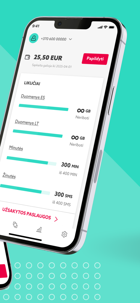 Mano EŽYS - Mano EZYS app interface showing account balance and remaining mobile data and minutes