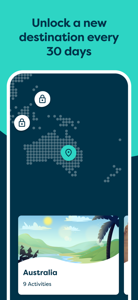 BrainTrack - BrainTrack app screen showing a map to unlock new cognitive activities every 30 days