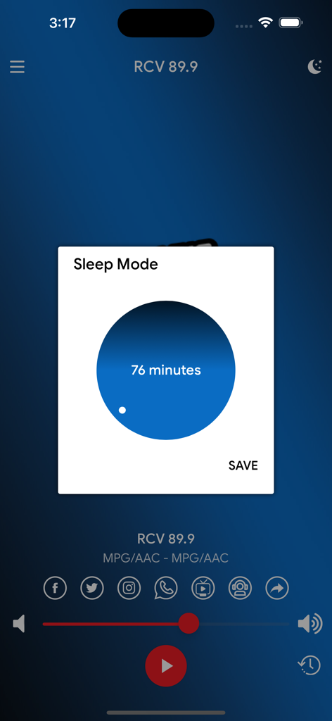 Temporizador do modo soneca do aplicativo Radio Con Vos mostrando 76 minutos
