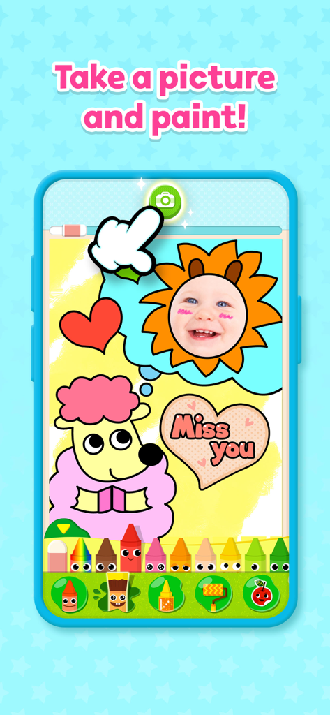 Pinkfong Coloring Fun - Un niño usando la función de tomar una foto y pintar en la aplicación Pinkfong Coloring Fun para crear una tarjeta fotográfica personalizada.