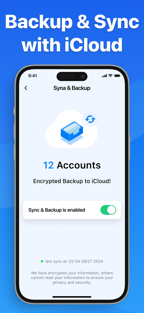 Authenticator App  #1 - Captura de tela do App Autenticador mostrando backup e sincronização criptografados ativados com o iCloud para contas
