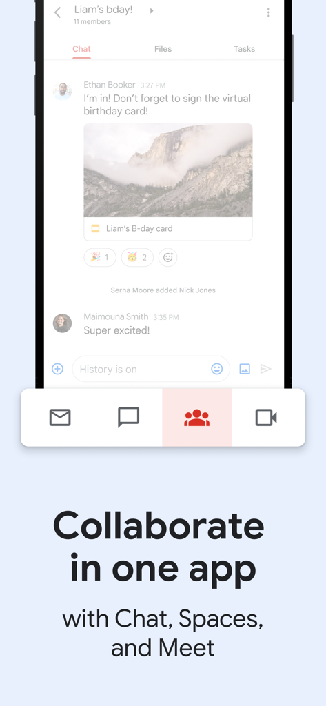Gmail mobile app interface showing integrated collaboration tools for Chat, Spaces, and Meet.