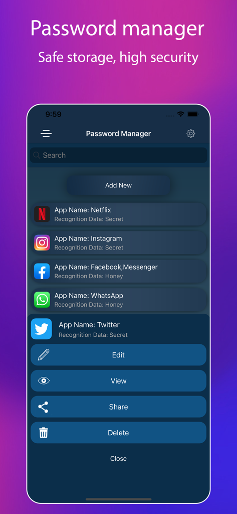 Interface do Gerenciador de Senhas mostrando uma lista de aplicativos seguros como Netflix e Instagram com opções para editar e visualizar dados.