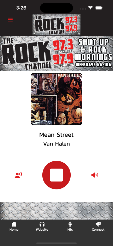 The Rock Channel - The Rock Channel mobile app interface playing Mean Street by Van Halen