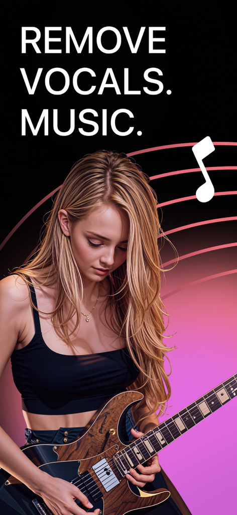 Vocal Remover - Melodify - 기타 연주하는 젊은 여성과 REMOVE VOCALS MUSIC 텍스트