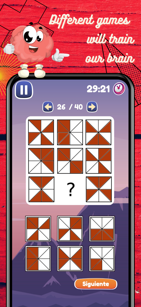 IQテストモバイルアプリのパターン認識論理パズル。脳のキャラクターが登場します。