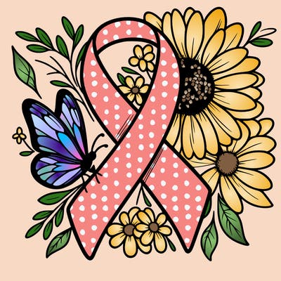 cancer awareness symbol with flowers and butterflies