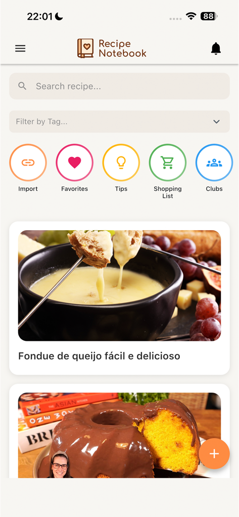 My Recipe Notebook - Main dashboard of the Recipe Notebook app featuring a search bar navigation icons for favorites and shopping list and a gallery of saved recipes