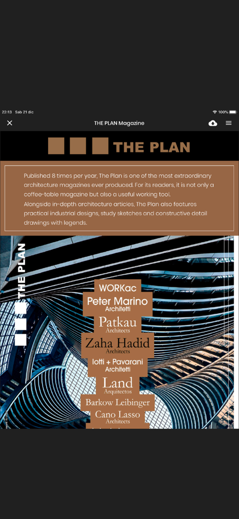 The Plan Magazine app interface featuring a list of famous architects over a curved modern building structure.