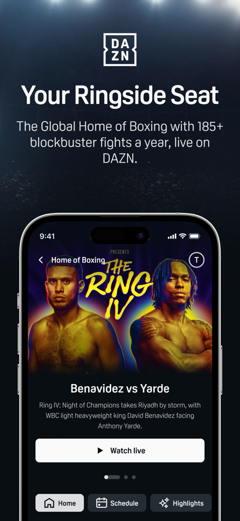 DAZN mobile app interface displaying a live boxing match between Benavidez and Yarde