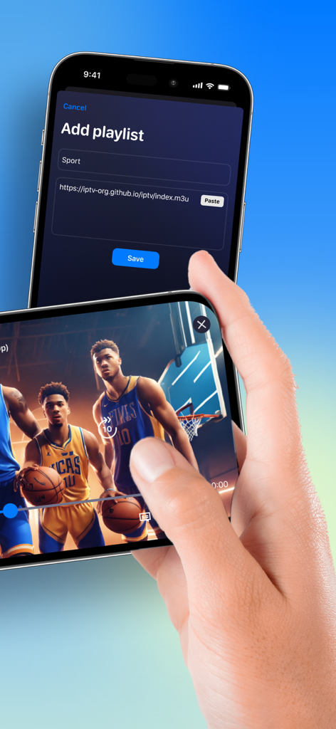 IPTV Smart Player Xtream STB - Smartphone screens displaying the IPTV Smart Player playlist setup and a live basketball broadcast.