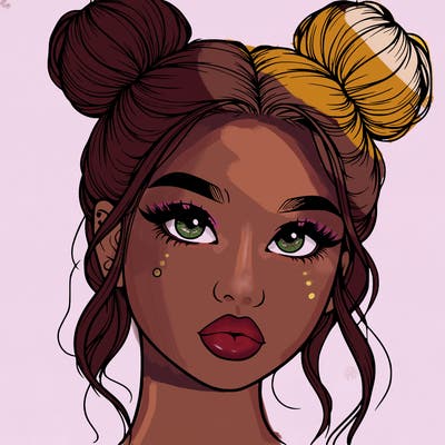 realistic girl with two buns on her hair and lips