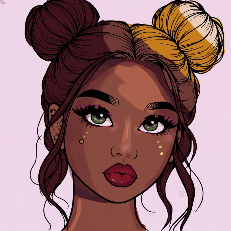 realistic girl with two buns on her hair and lips