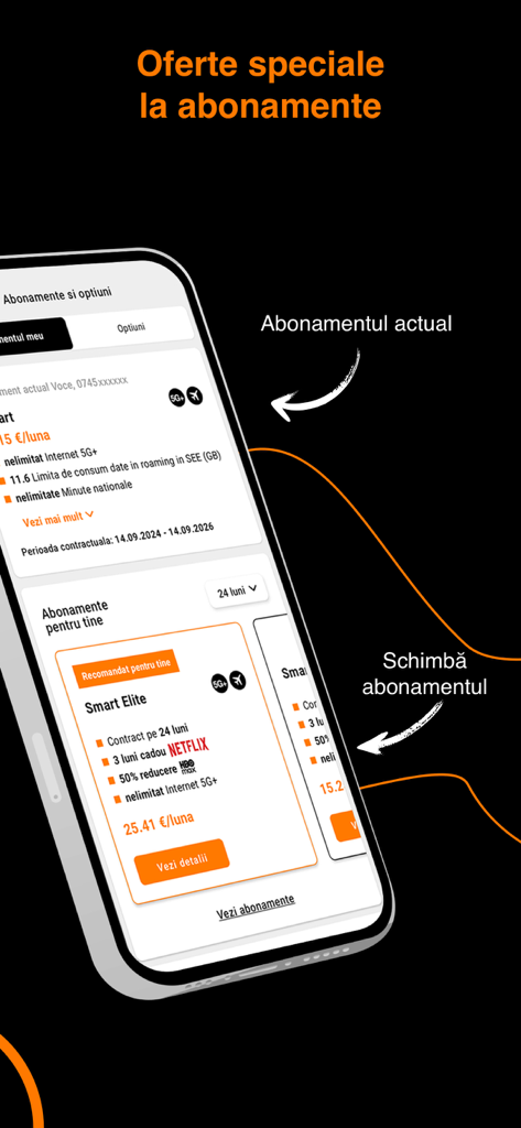 Interface of the My Orange Romania app displaying current mobile subscription and new plan recommendations