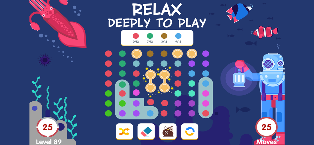 Two Link - Connect the Dots - A colorful underwater level in the Two Link Connect the Dots puzzle game with a diver and a squid.