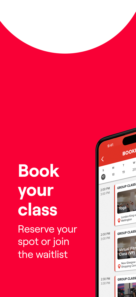 GoodLife Fitness App-Oberfläche zur Buchung von Gruppenfitnesskursen und zur Teilnahme an Wartelisten