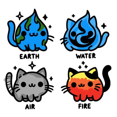 4 cats that represent the different elements, earth, water, air, and fire