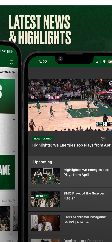 Bucks & Fiserv Forum App - Milwaukee Bucks app screen displaying latest news and basketball game highlights