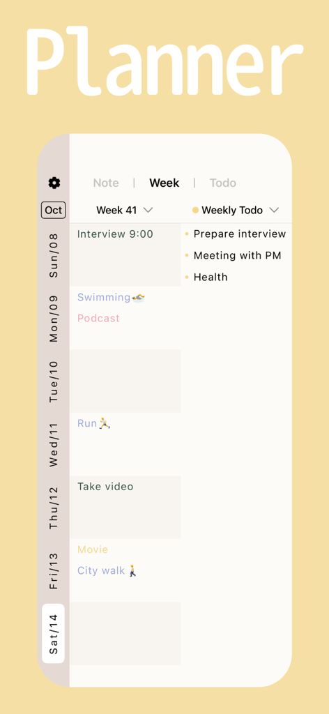 Aesthetic weekly planning interface of Goalday app showing a schedule from Sunday to Saturday with tasks and a todo list on a soft yellow background.