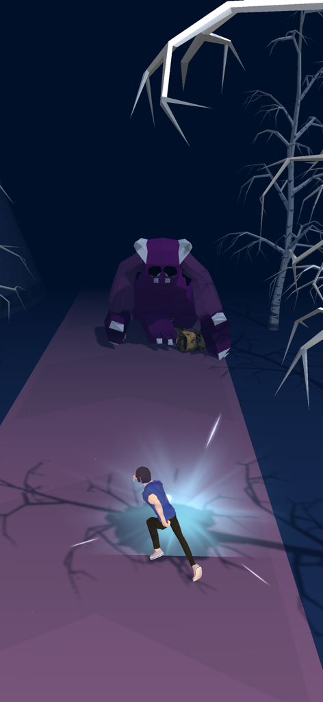 A character running away from a large purple monster in a dark forest environment