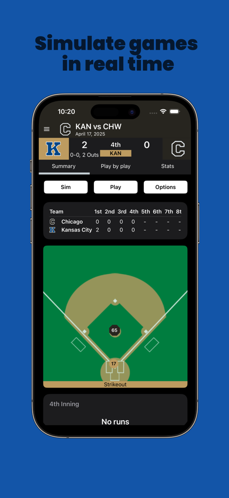 Baseball Legacy Manager 25 - Tela de simulação de baseball em tempo real mostrando o progresso do jogo e a visão do campo
