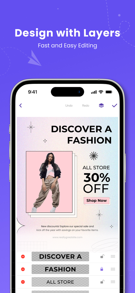 Poster Maker - Flyer Creator! - Interface do aplicativo de criação de pôsteres mostrando camadas para um design de folheto de moda