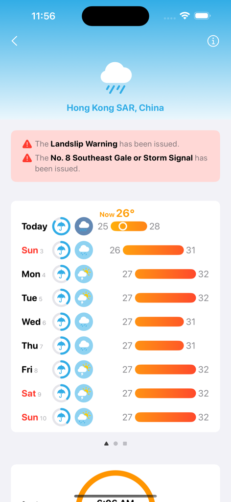 Four Seasons: Weather Forecast - La interfaz de la aplicación meteorológica Four Seasons muestra alertas de tormenta y un pronóstico de 10 días para Hong Kong.