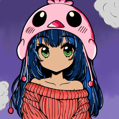 anime girl with chick shaped hat with sweater with bare shoulders with bangs covering them one eye with low tail