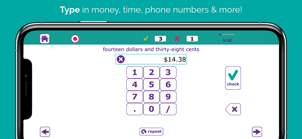 Oberfläche der Number Therapy App, die eine Übung zum Üben der Eingabe von Geldbeträgen zeigt