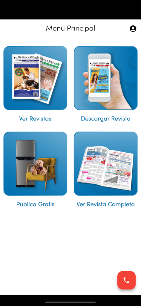Mano a Mano Revista - Main menu of the Mano a Mano Revista app showing options to view magazines download digital copies and publish free classified ads
