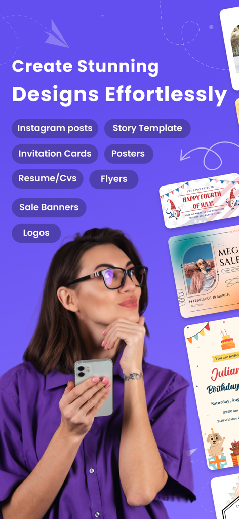 Poster Maker - Flyer Creator! - Uma mulher segurando um smartphone e pensando em criar posts para redes sociais e folhetos com o aplicativo POSTFLY