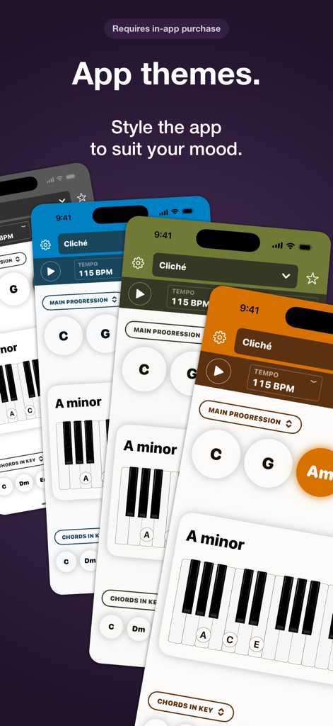 Autochords - Multiple mobile screens displaying the Autochords songwriting app in different color themes