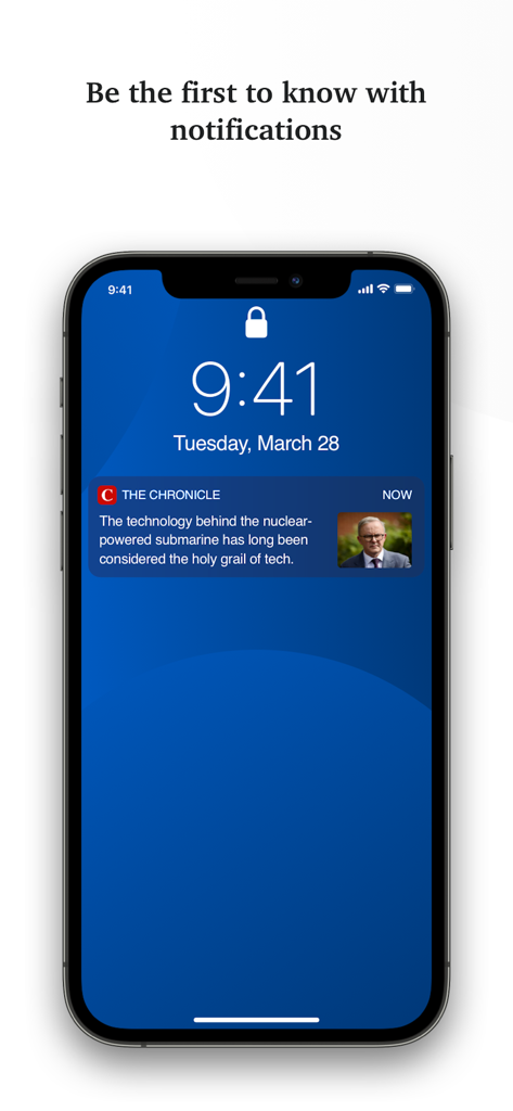 The Chronicle - Pantalla de bloqueo del iPhone que muestra una notificación de última hora de la aplicación The Chronicle.