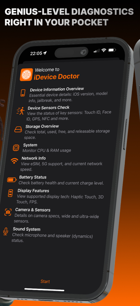 iDevice Doctor - The welcome screen of the iDevice Doctor app on a smartphone showing a list of hardware diagnostic features like sensor check and battery status.