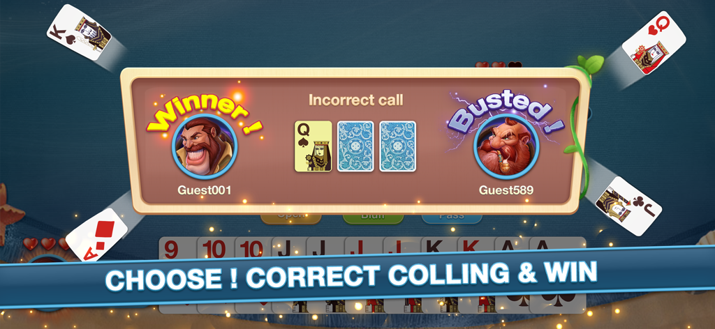 Bluff Card Game - A gameplay screen from the Bluff Card Game showing a winner and a busted player after an incorrect call during a card match