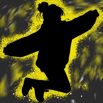 realistic girl jumping with a bun and oversized sweatshirt