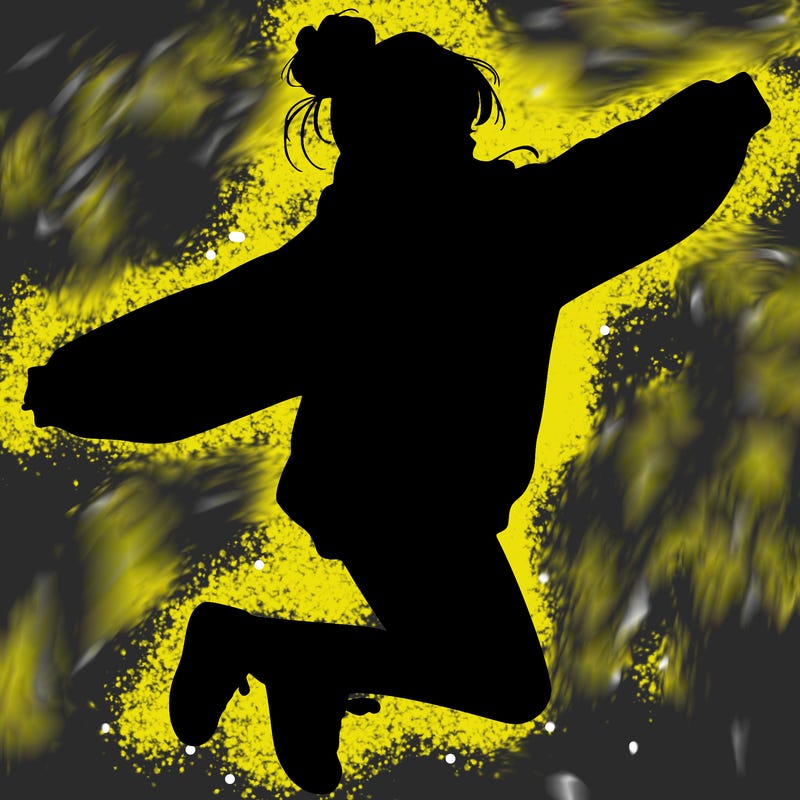 realistic girl jumping with a bun and oversized sweatshirt