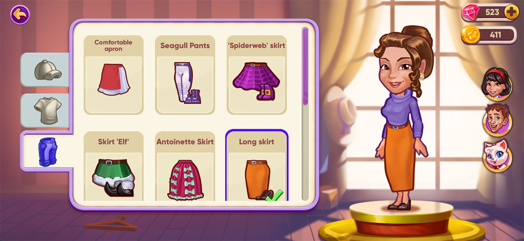 Cafe Dash: Dinner at the Diner - Character customization screen in Cafe Dash showing a female avatar and various skirt and pant options to choose from.