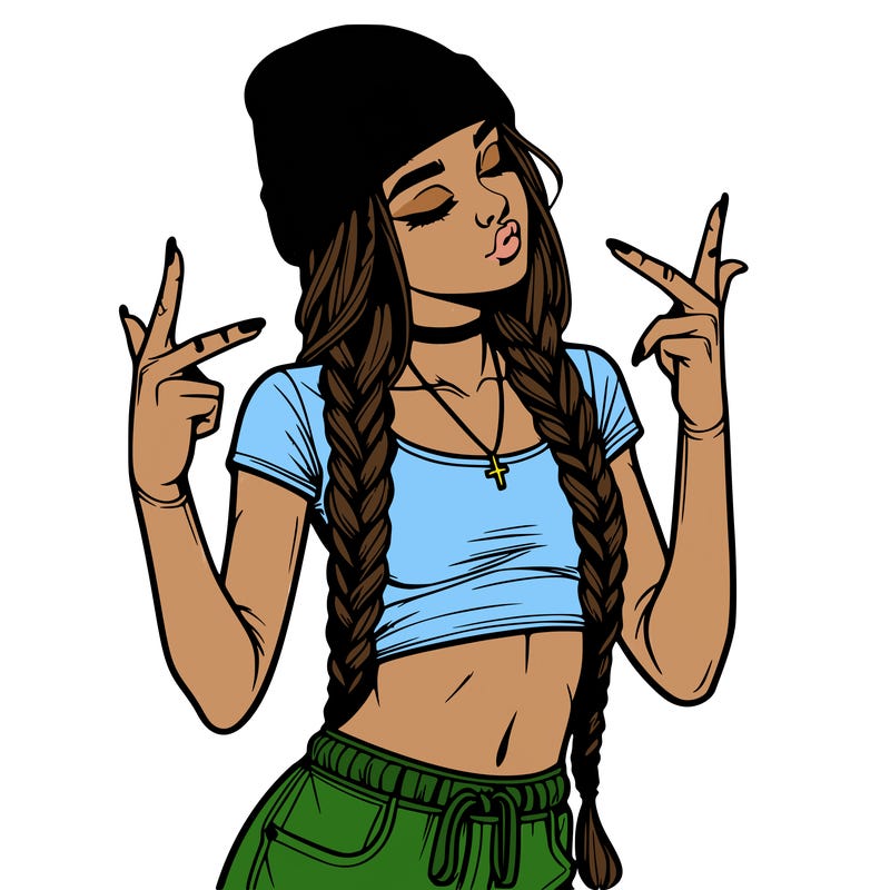 realistic teenage girl with braids and a beanie and crop top doing 🫶🏼